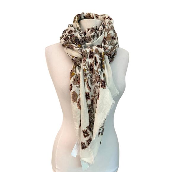 Loft One Size Rectangle Lightweight NWT White Paisley Floral Scarf Wrap Fall - Picture 3 of 5